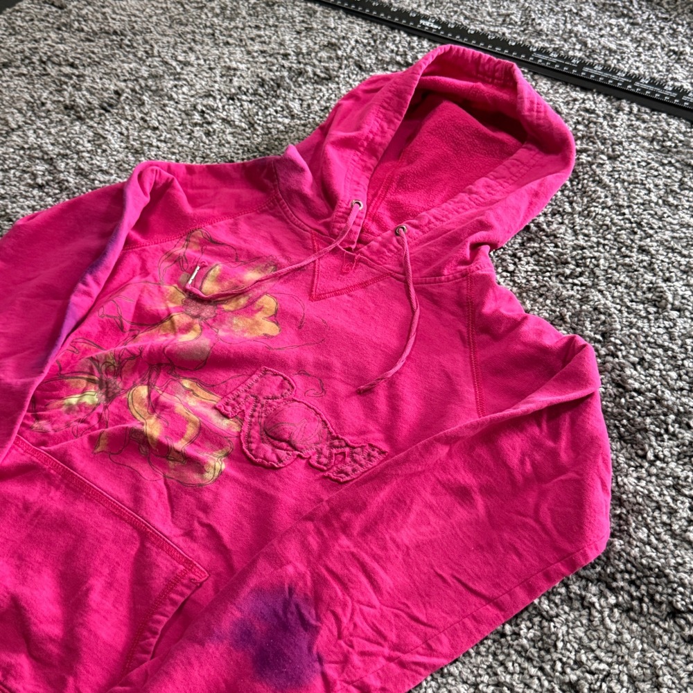 Vintage Roxy Hoodie Women Pink Fair Stained Floral Graphic Pullover Size M